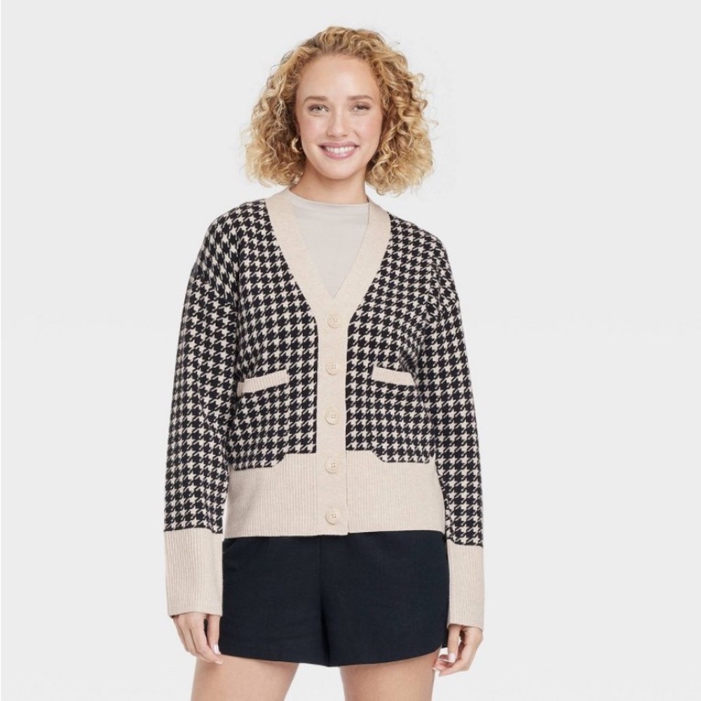Women's Cozy Knit Everyday Cardigan - A New Day™ Taupe/Black Houndstooth new